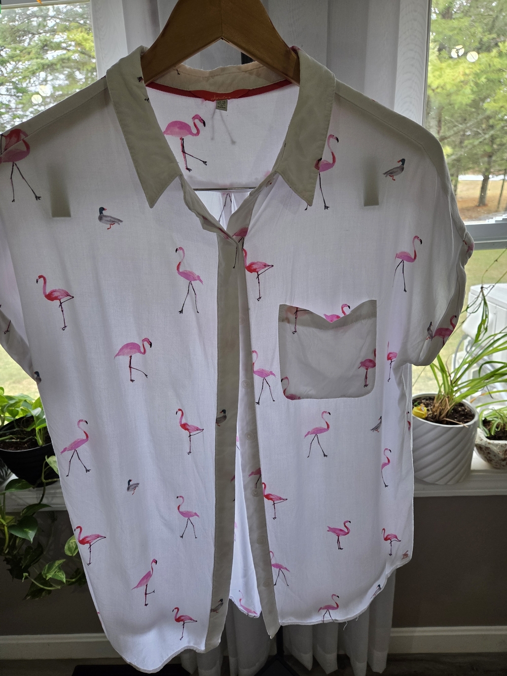 Joules White Button-Down Shirt with Pink Flamingo Print